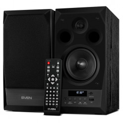 SVEN MC-10 Black,  2.0 / 2x25W RMS, Bluetooth v. 2.1 +EDR, Digital LED display, FM-tuner,  USB flash, SD card, remote control, Headphone input, glossy black front panels, wooden.